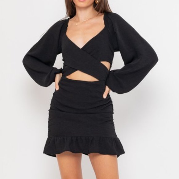 Long Sleeve Ruched Wrap Tie Mini Dress - Picture 1 of 4